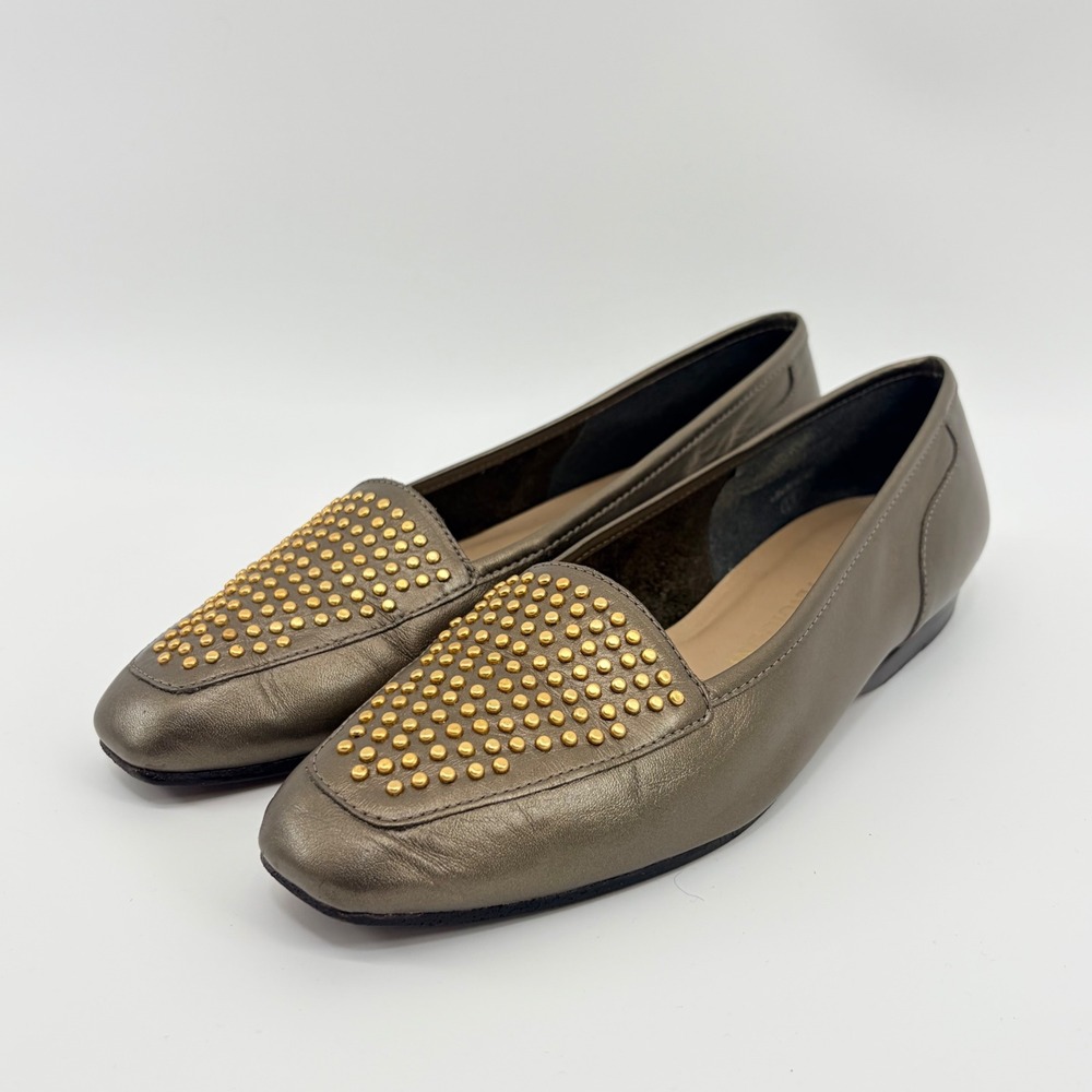 Enzo Angiolini Womens 8M Bronze Metallic Studded Leather Square Toe Loafer Flats